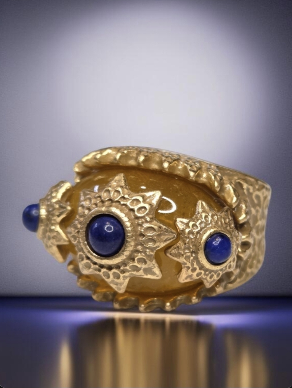 Matte Gold Byzantine Etruscan Ornate Citrine Lapis Lazuli Statement Ring